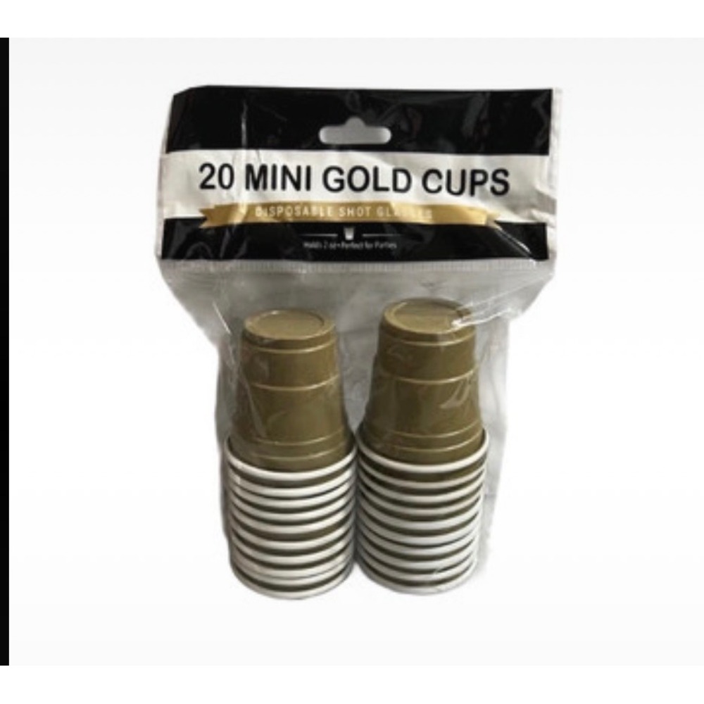 20 Mini Gold Cups Disposable Shot Glasses 2oz Plastic Party Supplies Pack